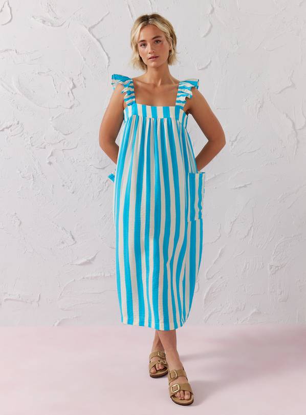 EVERBELLE Blue Stripe Frill Sleeve Trapeze Maxi Dress 16